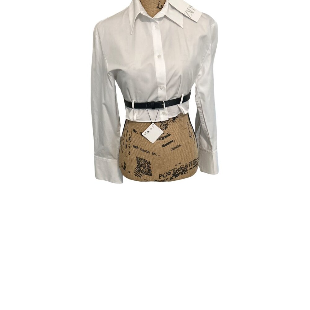 ZARA White Cropped Poplin Shirt Black Faux Leather Harness Detail Blouse SZ /XS - Picture 4 of 10